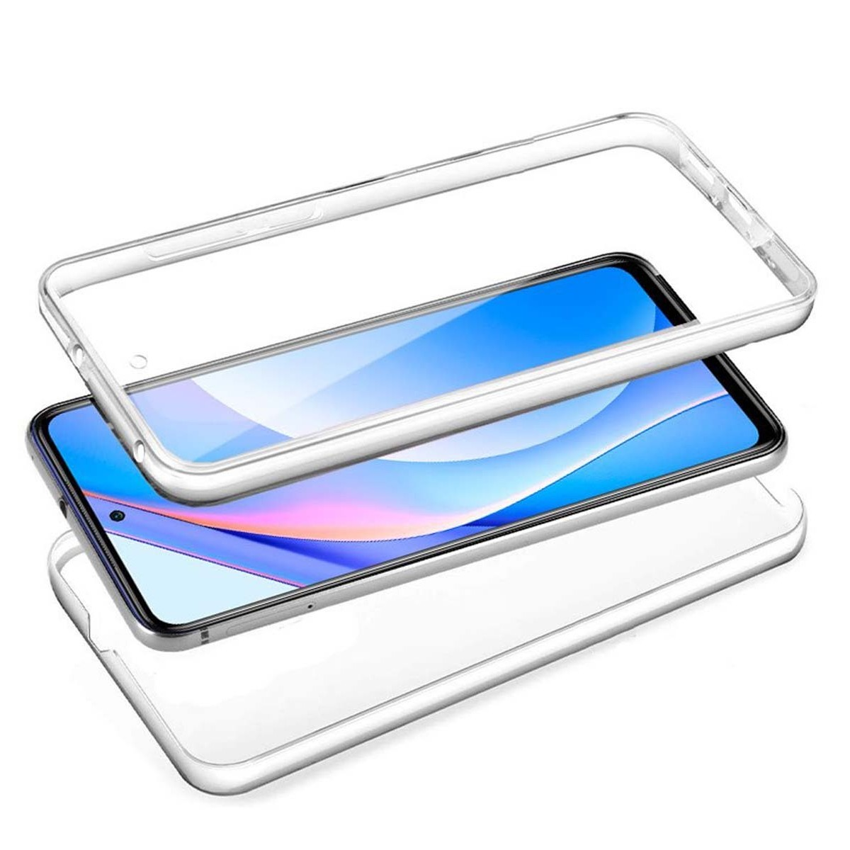 Custodia trasparente per telefono e un telefono con schermo blu, con la custodia sopra il telefono.