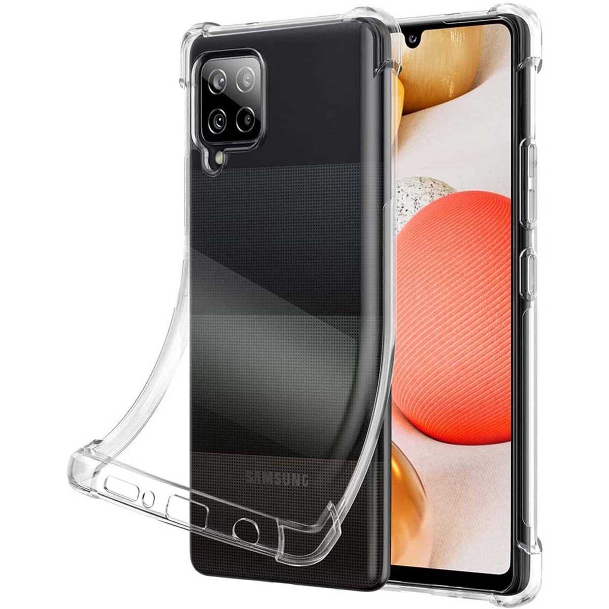 Custodia: custodia trasparente con una striscia nera. Il telefono mostra Samsung A42 5G.