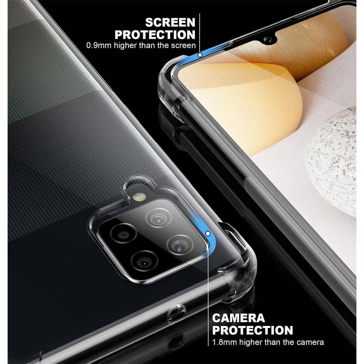 Primo piano di una custodia per telefono che mostra le funzioni di protezione della fotocamera e dello schermo.