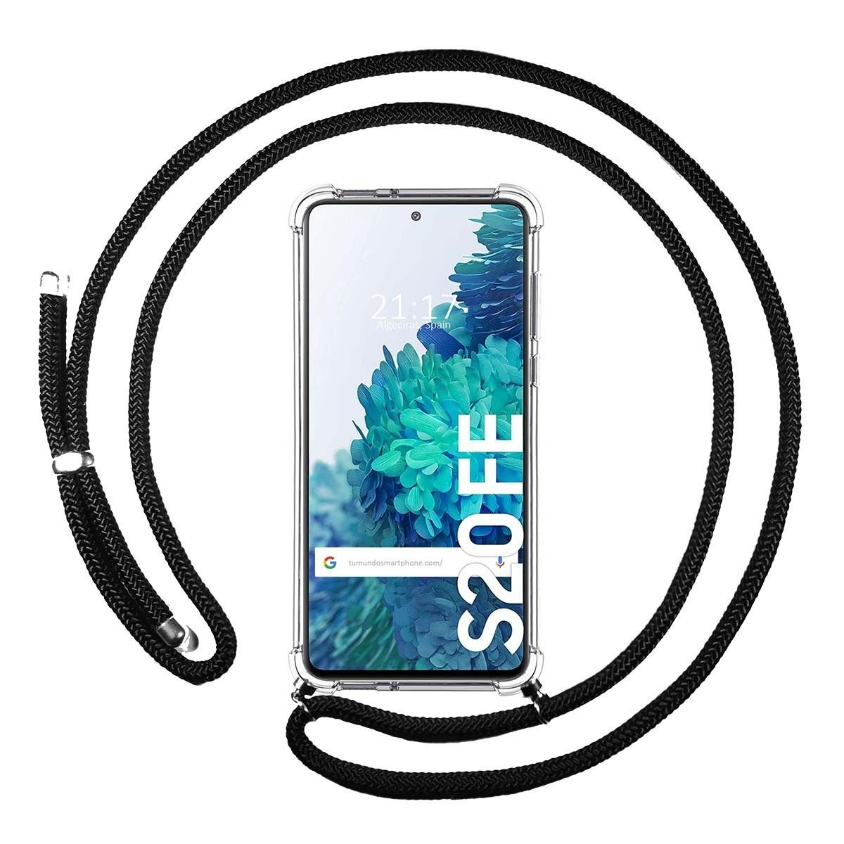 Custodia trasparente per telefono con cordino nero. Un telefono con un design verde sullo sfondo.