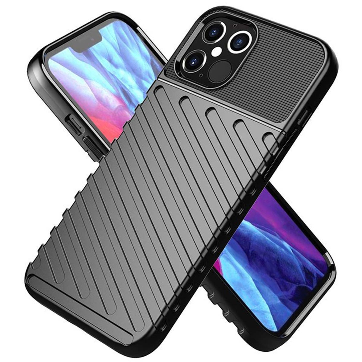 Dos fundas negras para teléfono, una sobre la otra en ángulo, ambas con diseño texturizado.