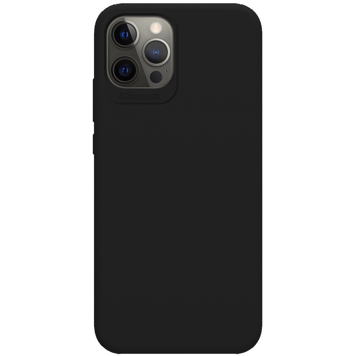 Custodia nera per telefono con configurazione a tripla fotocamera.