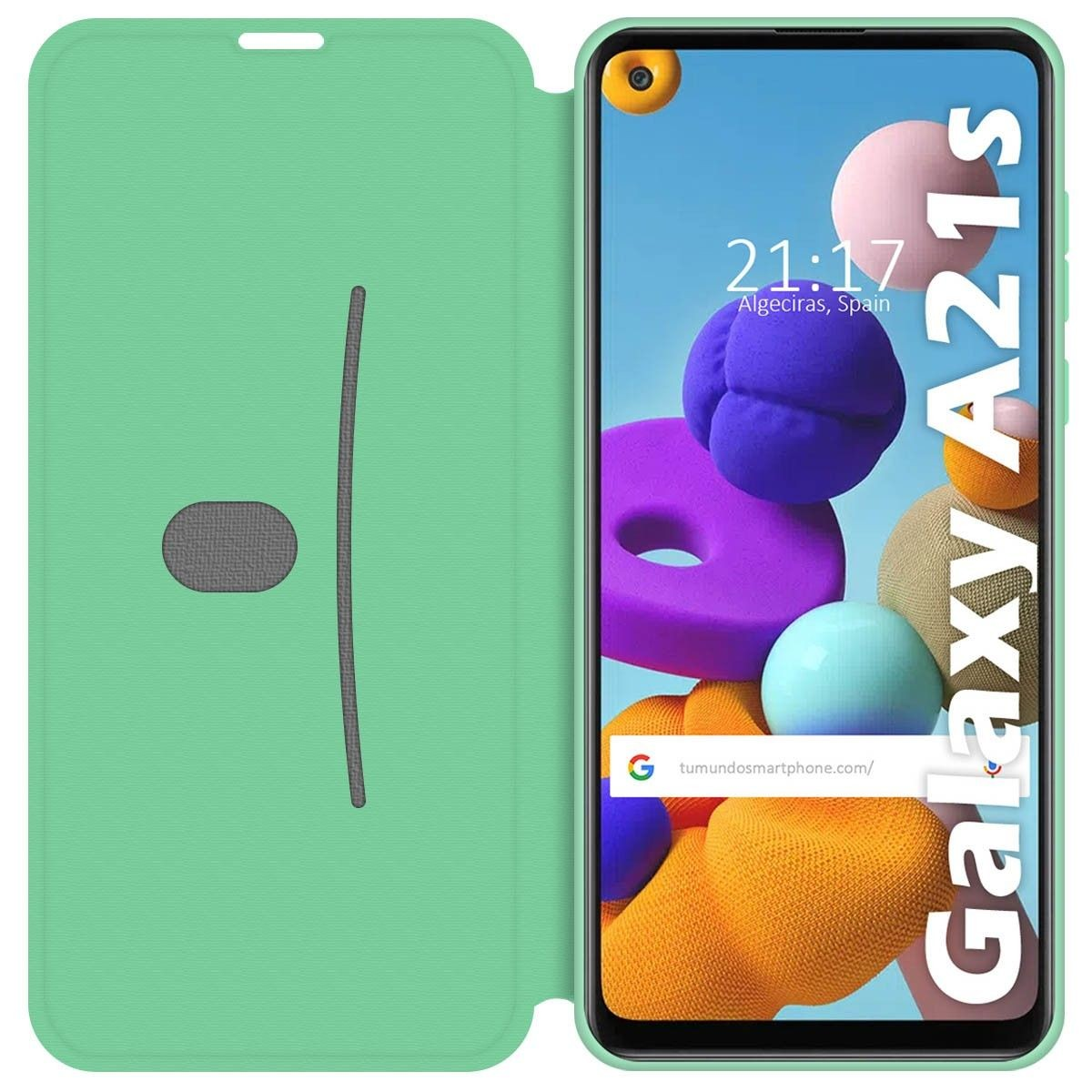Funda de teléfono verde, abierta, con formas rosas, azules y naranjas. El teléfono muestra Galaxy A21s.