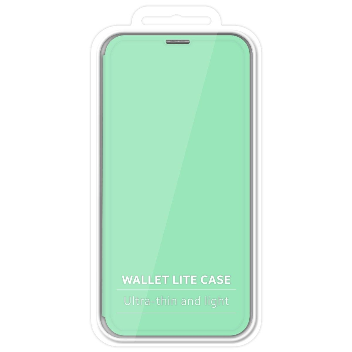 Una funda de teléfono verde menta en un paquete transparente, con las palabras 'WALLET LITE CASE'.