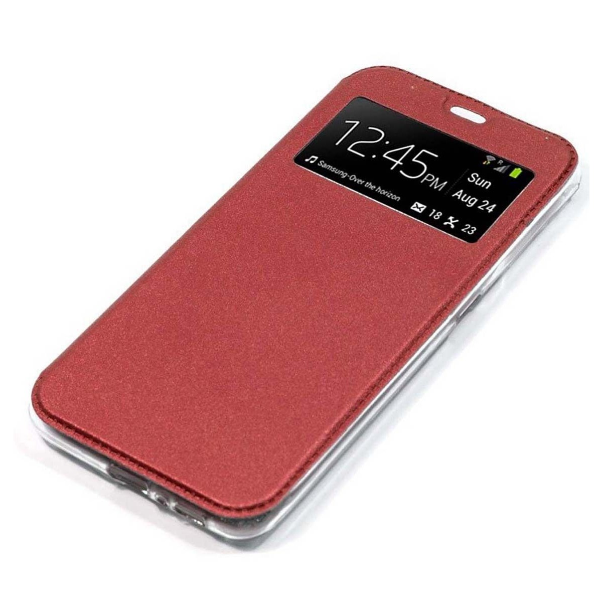 Custodia per telefono rossa. La custodia ha una finestra aperta che mostra l'ora. Sfondo bianco.