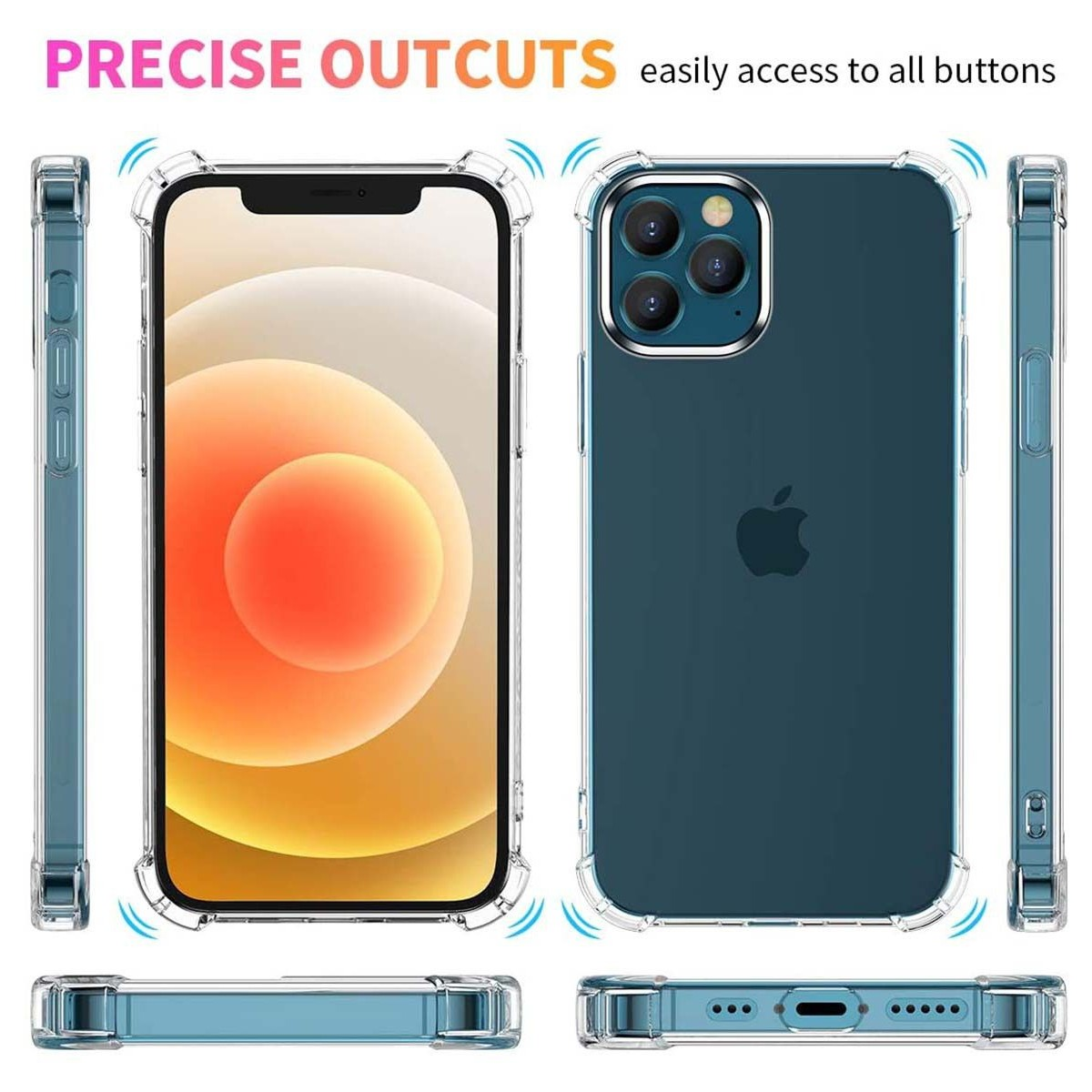 Custodia trasparente con iPhone e pulsanti visibili. Testo 'PRECISE OUTCUTS' in alto.