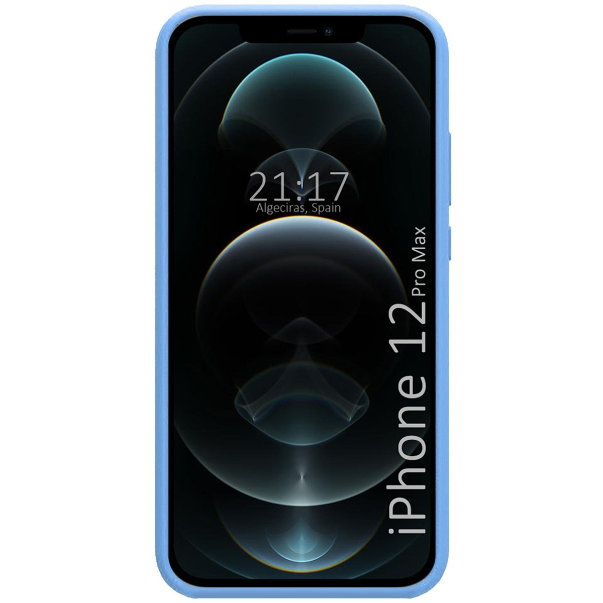 Telefono con custodia blu. Lo schermo mostra l'ora e il logo iPhone 12 Pro Max.