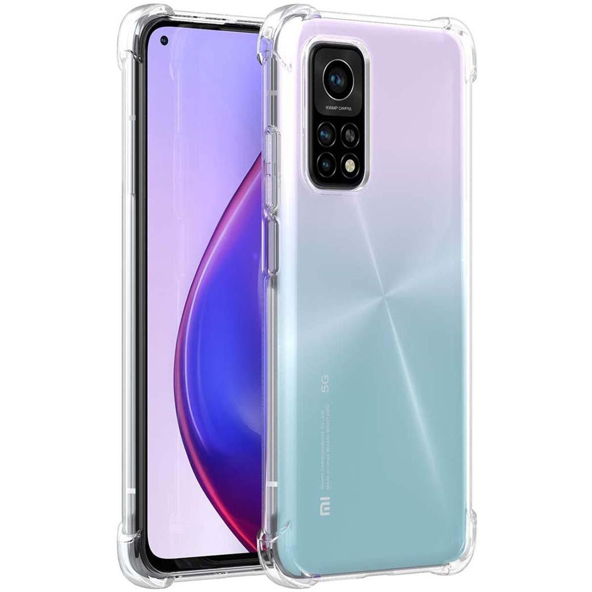 Un teléfono en una funda transparente, que muestra una parte trasera degradada y un módulo de cámara que dice 108MP Camera.