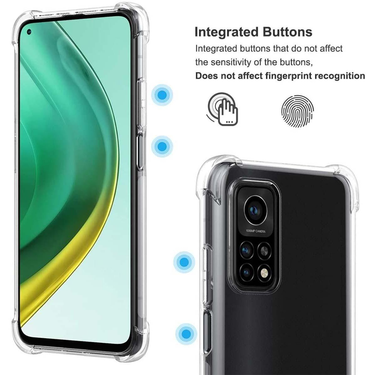 Funda de teléfono transparente con botones integrados y texto sobre reconocimiento de huellas dactilares.
