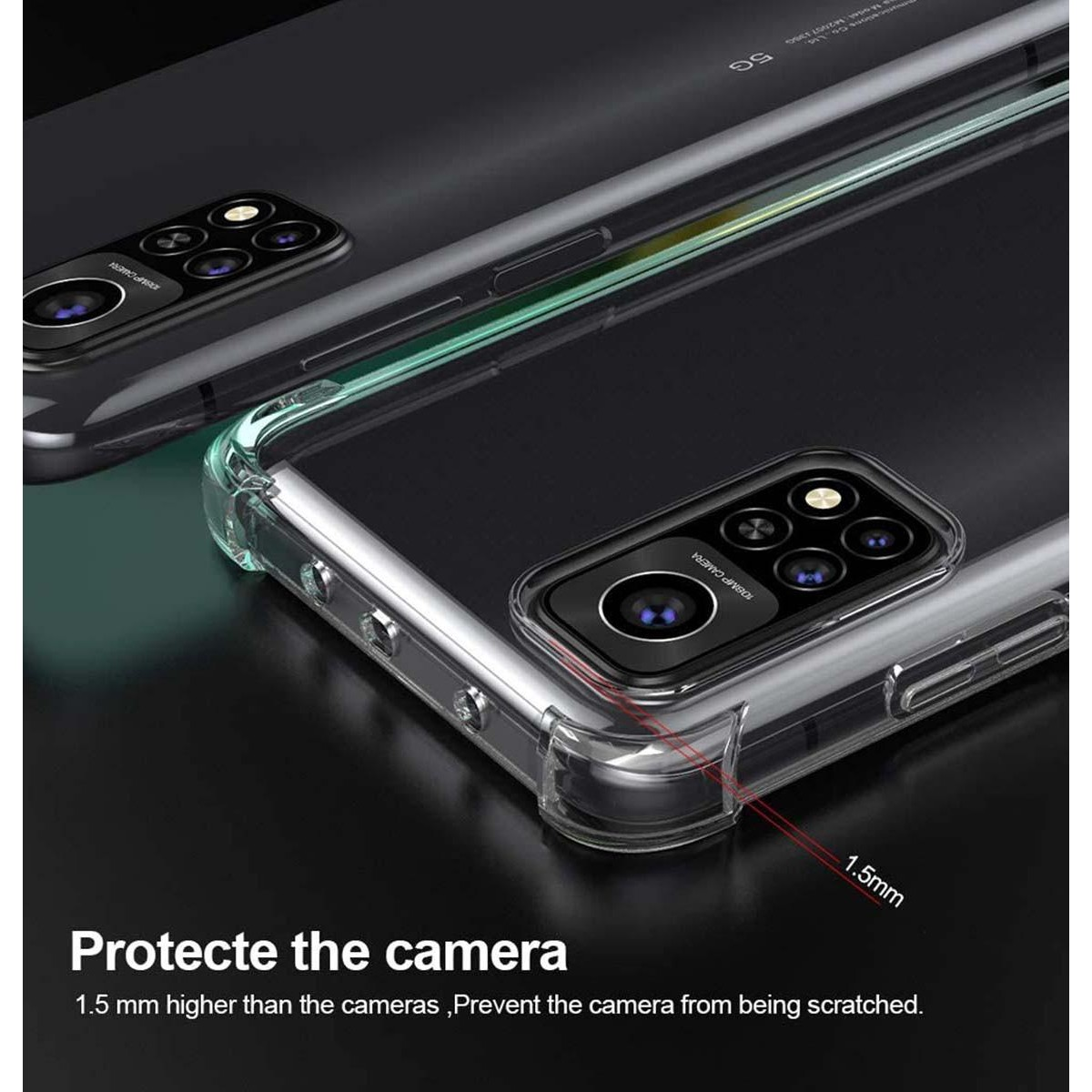 Una funda de teléfono que protege la cámara. La funda es transparente. El texto dice Protege la cámara.