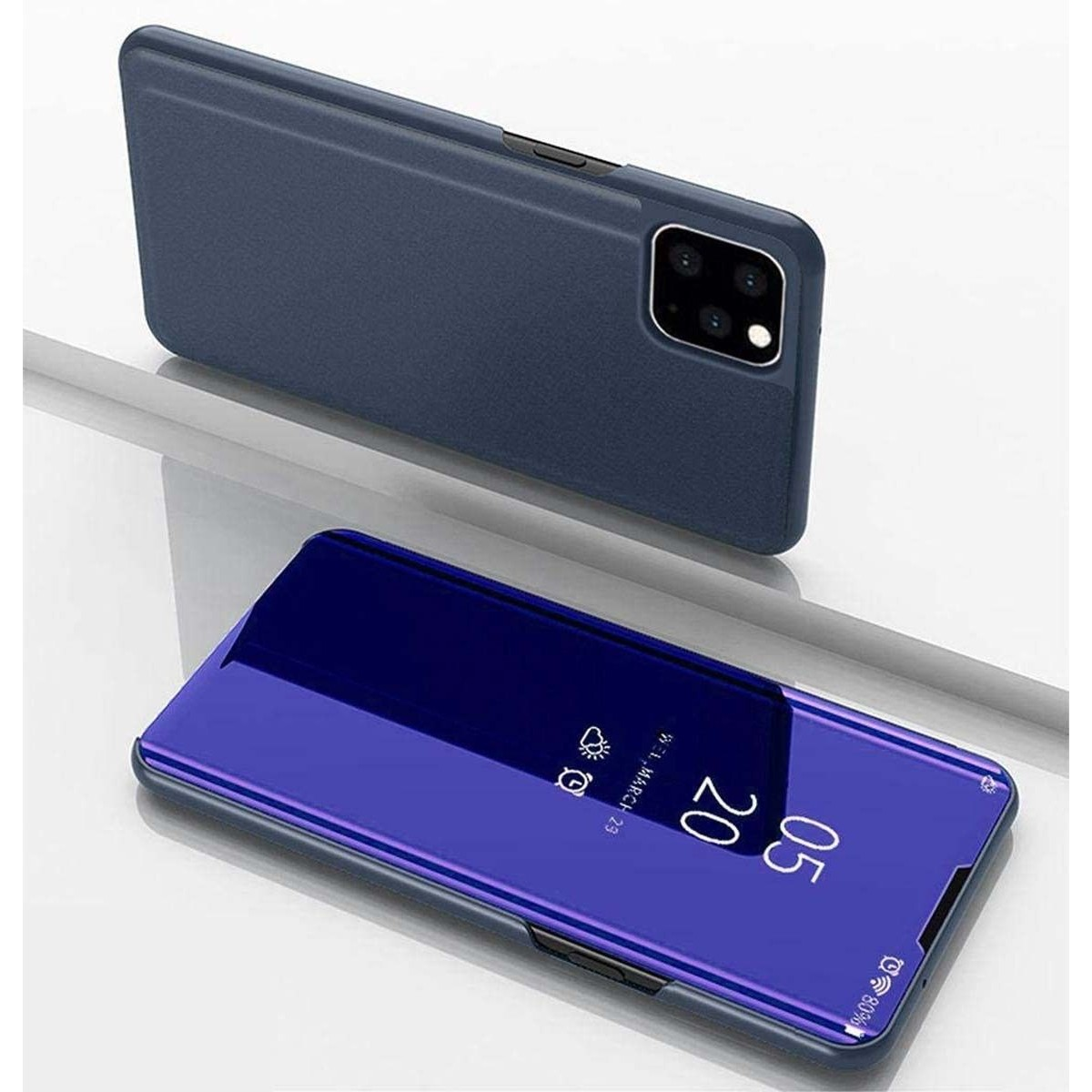 Dos imágenes de una funda de teléfono. Muestra la fecha, la hora y un teléfono con una funda. El teléfono es una funda azul.
