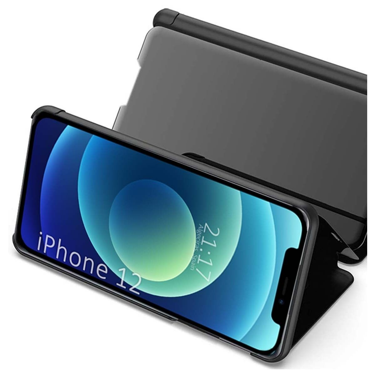 iPhone 12 en una funda negra, en ángulo. La pantalla muestra la hora y la ubicación.