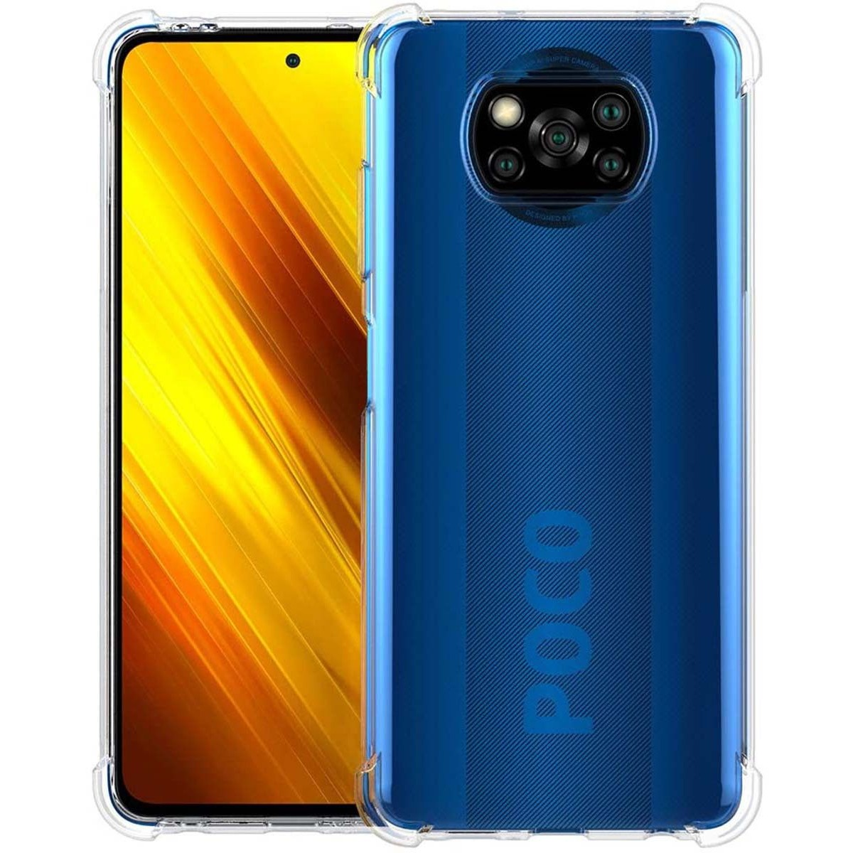 Funda de teléfono azul y un teléfono que muestra un fondo amarillo y naranja.