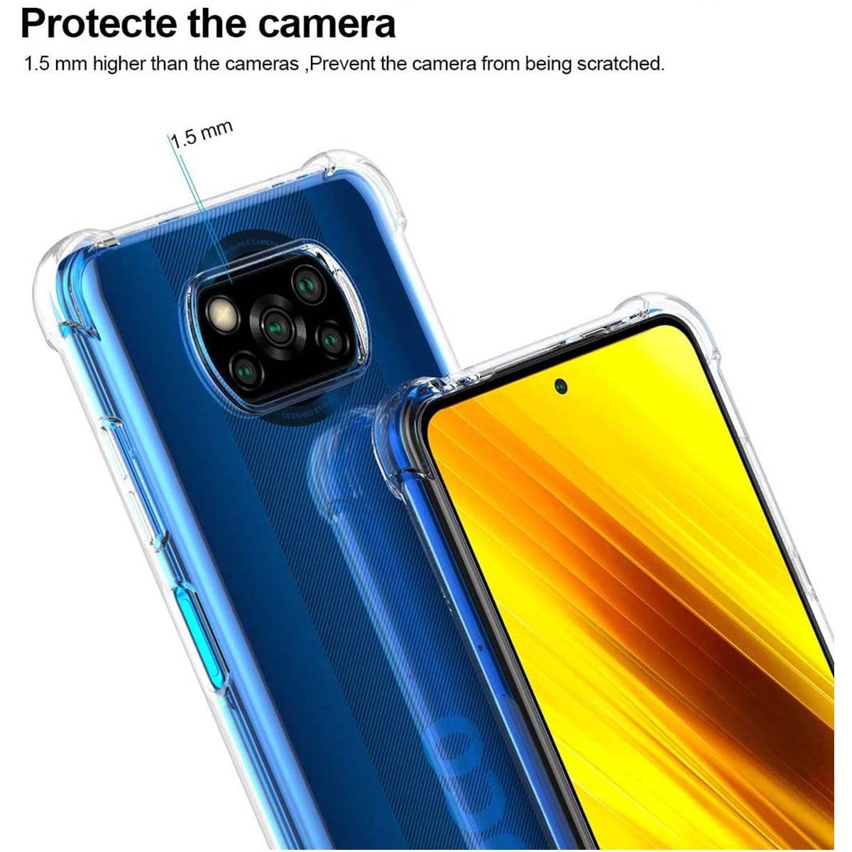 Primer plano de una funda de teléfono sobre un teléfono. La parte trasera tiene un diseño azul. Pantalla amarilla.