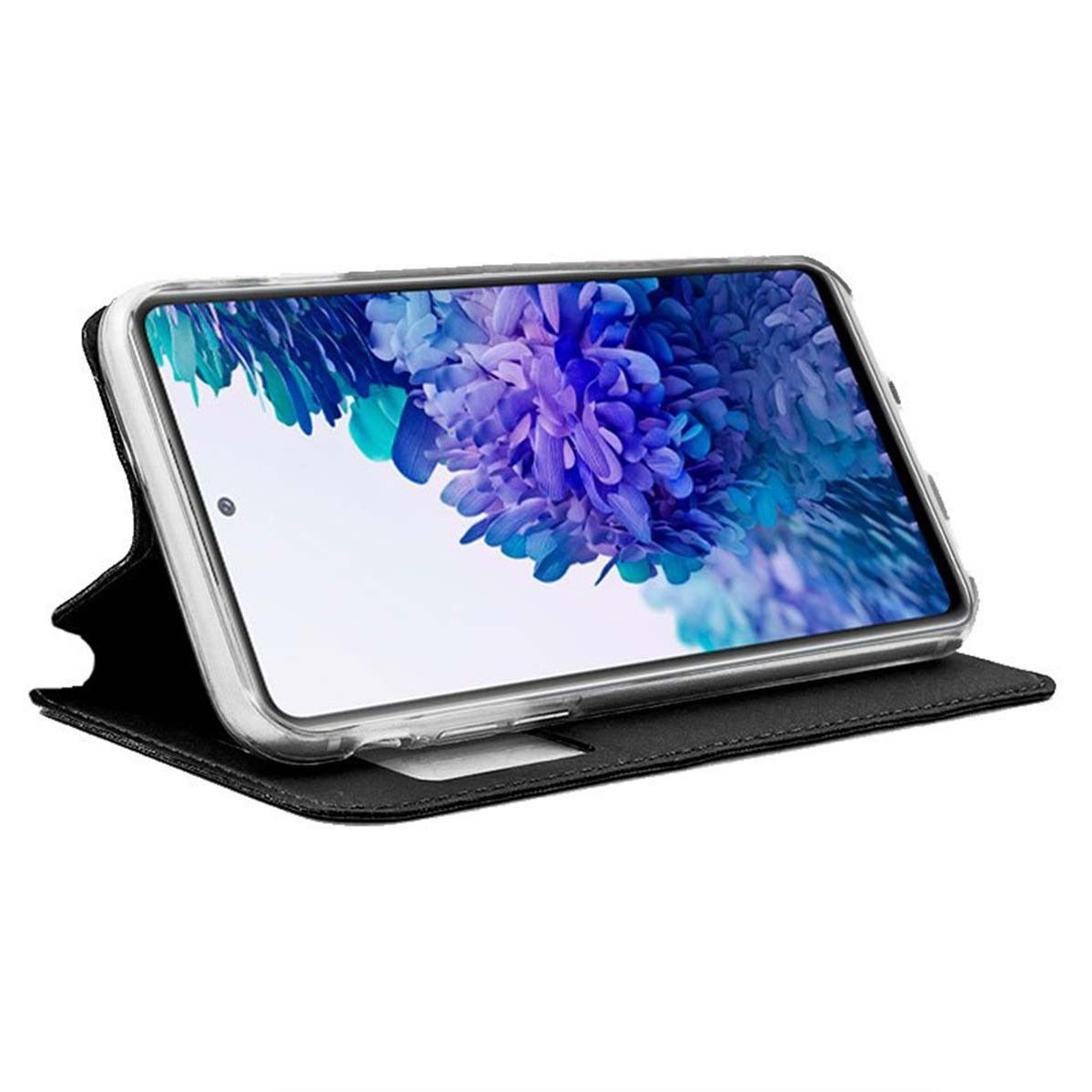 Teléfono negro en una funda tipo libro, abierto, mostrando la pantalla con fondo floral.