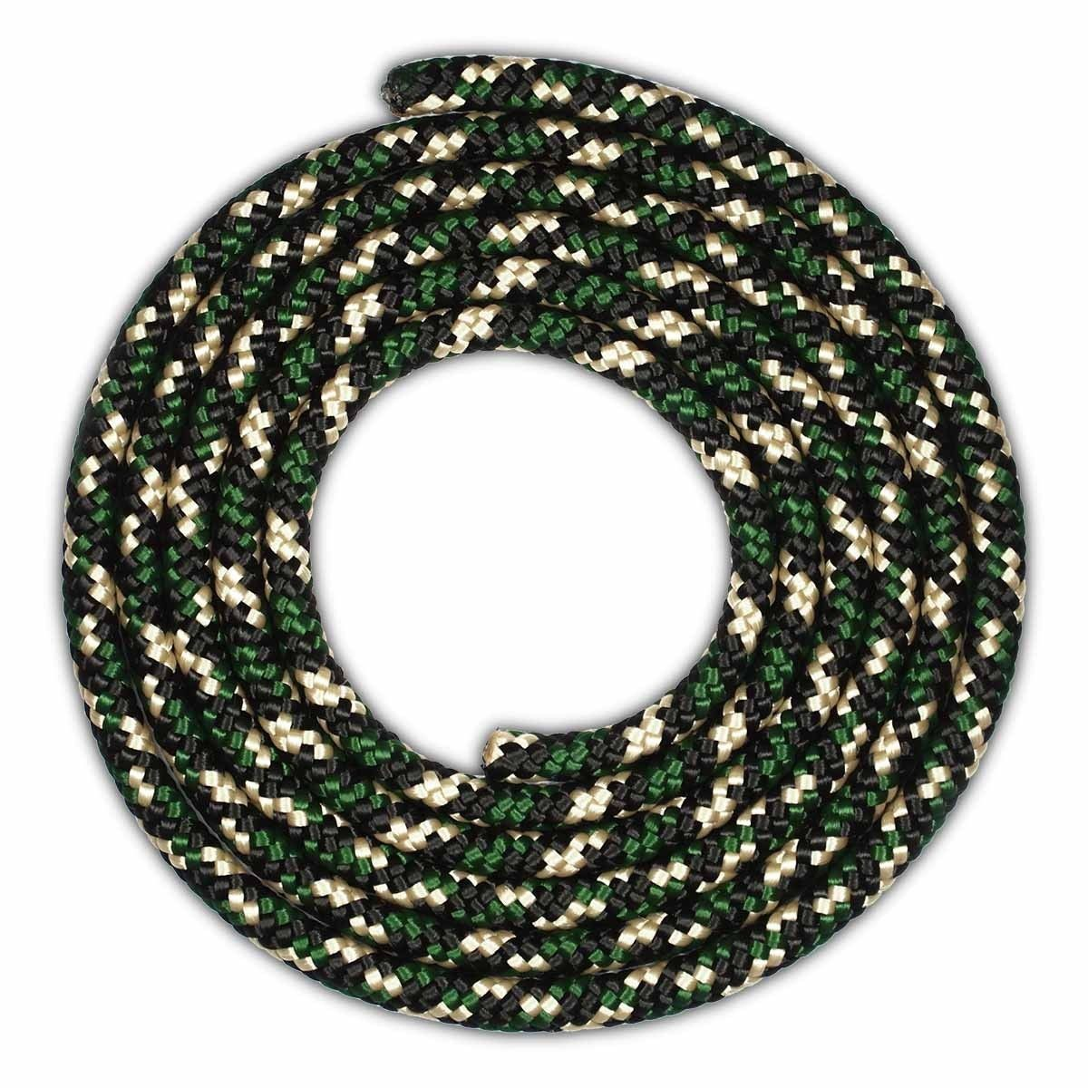 Corda verde, nera e beige arrotolata, che forma un motivo circolare, su sfondo bianco.
