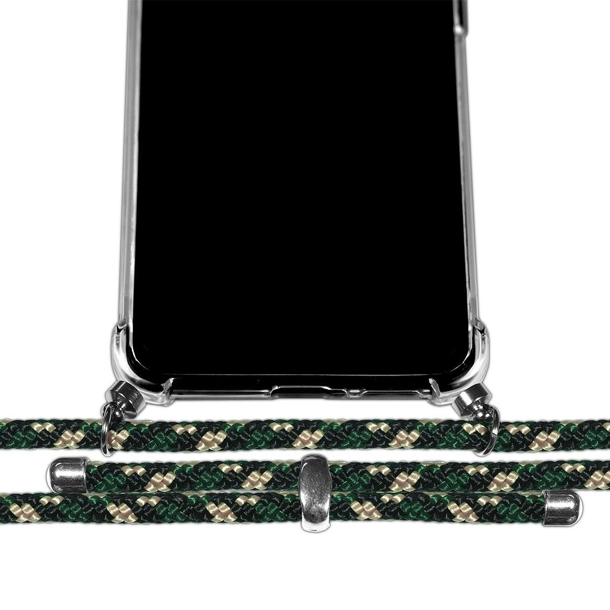 Telefono nero con cinturino. Il cinturino è verde e beige con un pezzo di metallo.