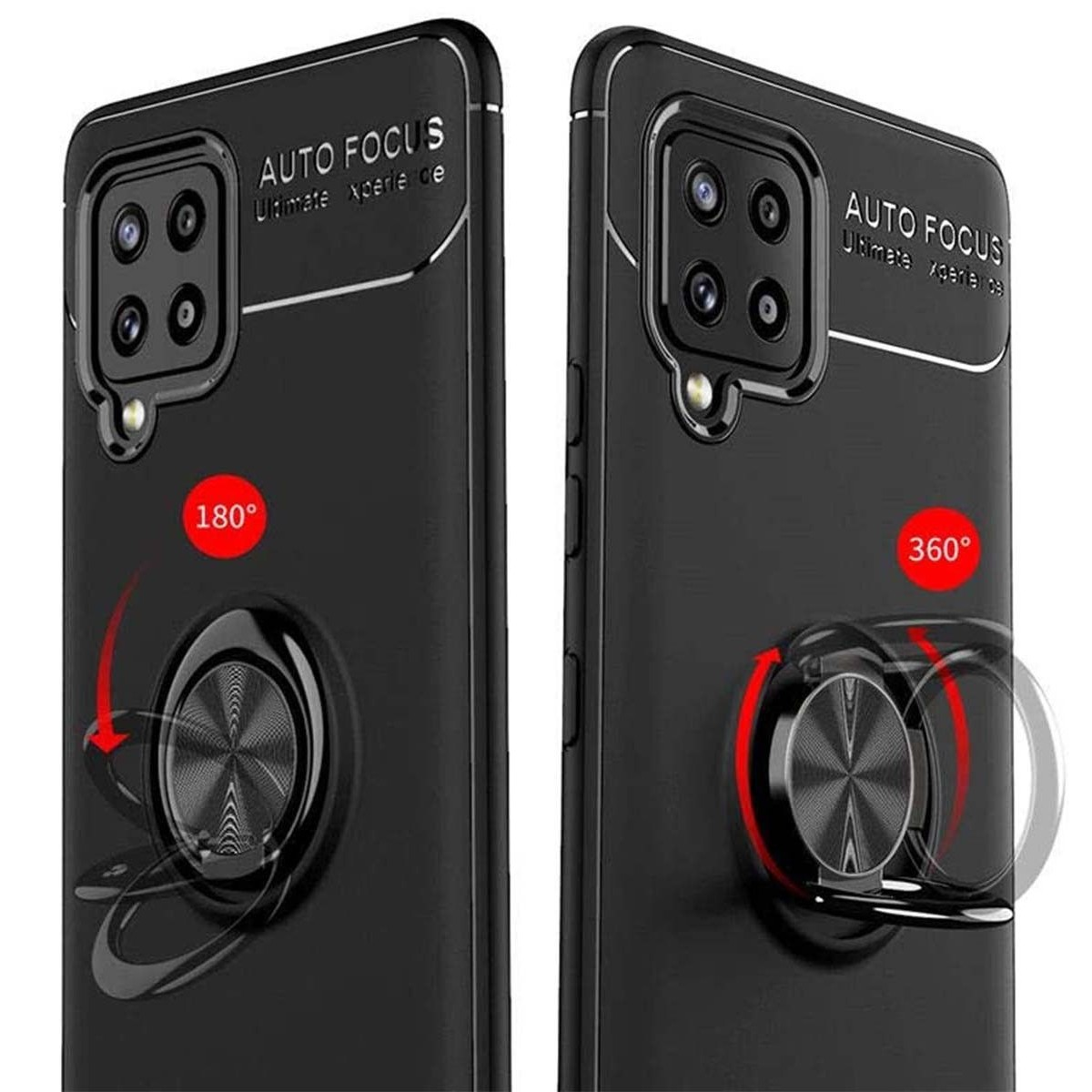 Due custodie per telefoni nere con un supporto ad anello, che mostrano opzioni di rotazione a 180 e 360 gradi.