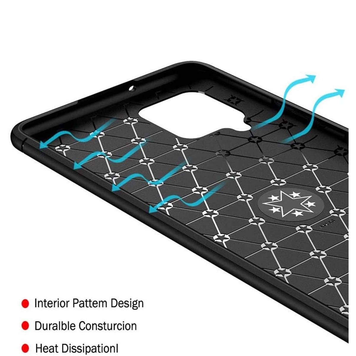 Custodia per telefono nera con un motivo e frecce blu che indicano il flusso d'aria. Testi: Interior Pattern Design, Durable Construction, Heat Dissipation.