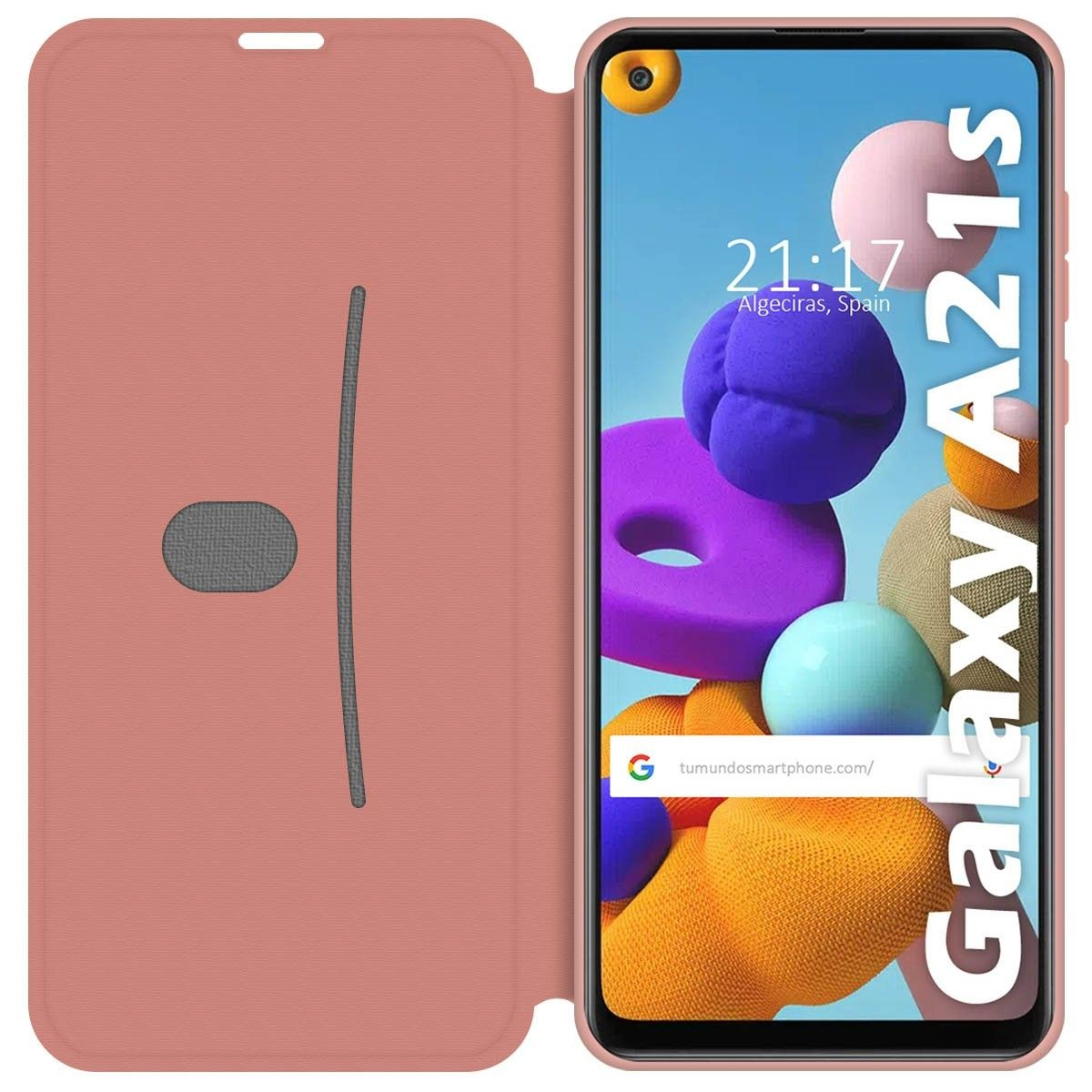 Funda de teléfono abierta con un teléfono y una pantalla de teléfono con texto y reloj.
