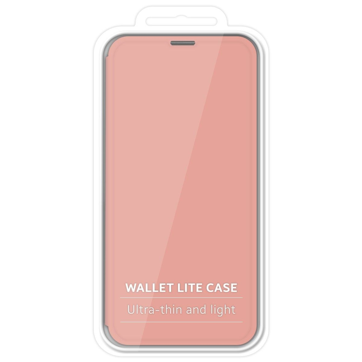 Funda de teléfono rosa en embalaje. El embalaje tiene el texto: Wallet Lite Case.