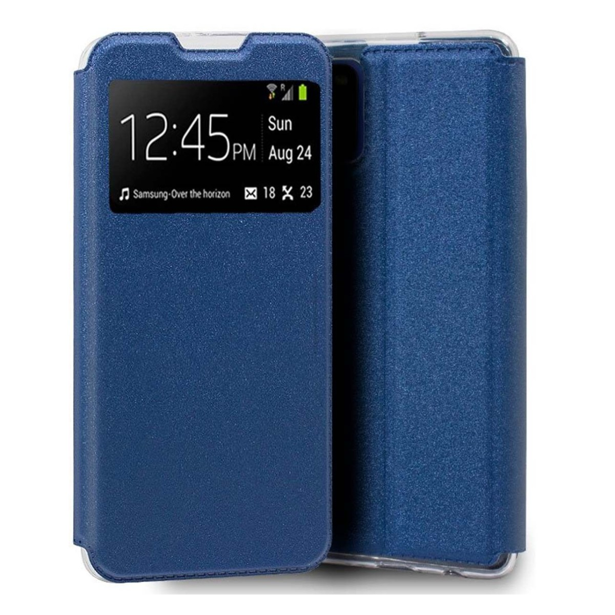 Custodia blu con schermo che mostra data e ora.