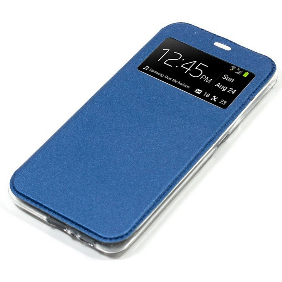 Custodia per telefono blu con copertura trasparente che mostra l'ora: 12:45 PM, 24 agosto 23.