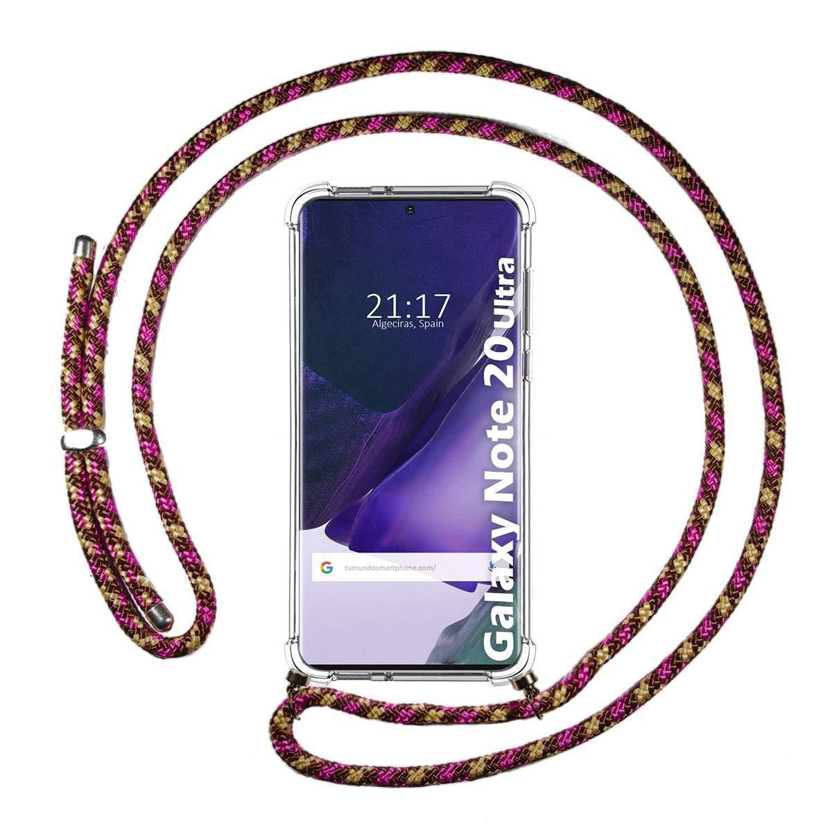 Telefono con cordino. Schermo: Galaxy Note 20 Ultra, ora 21:17.