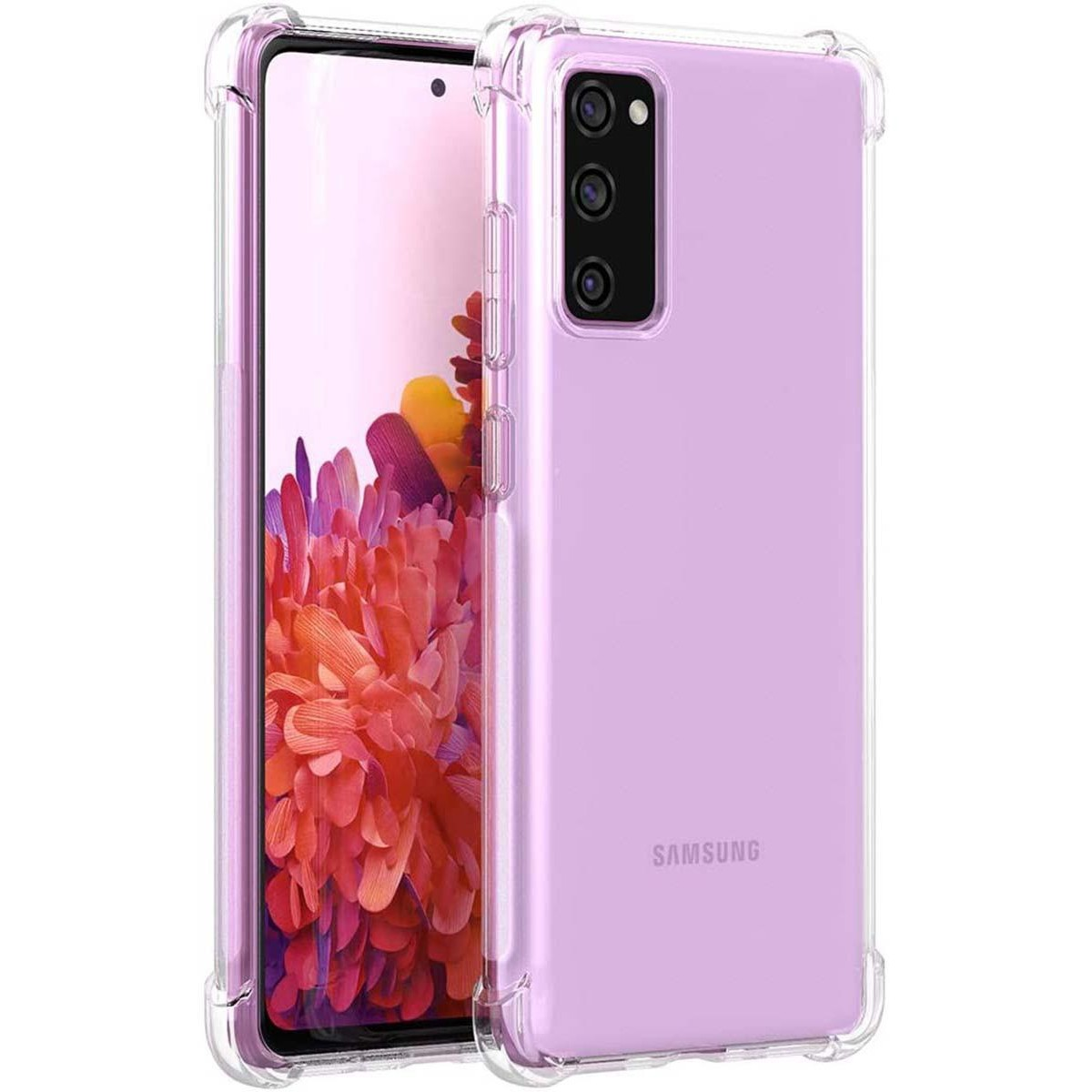 Telefono Samsung con custodia lavanda. Si trova di fronte a uno sfondo floreale rosa sfocato.