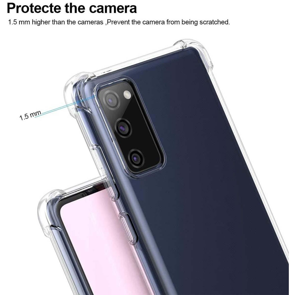 Una custodia trasparente per telefono che protegge la fotocamera del telefono, con un telefono blu scuro all'interno.