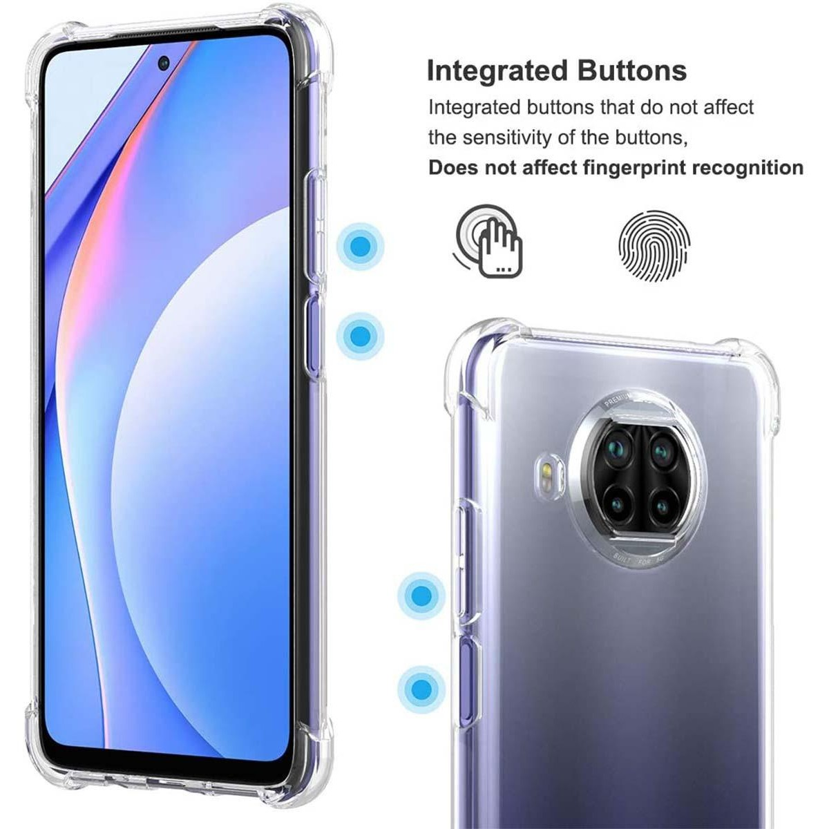 Due custodie per telefono, una mostra il lato del telefono con i pulsanti. L'altra mostra la parte posteriore con la fotocamera.