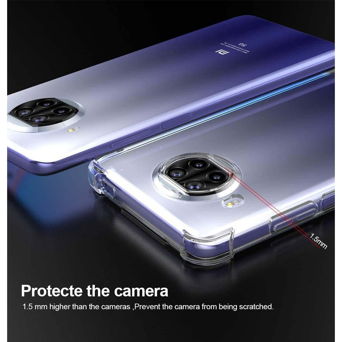 Due telefoni: uno con custodia trasparente, con dettaglio della fotocamera e testo 'Protect the camera'.