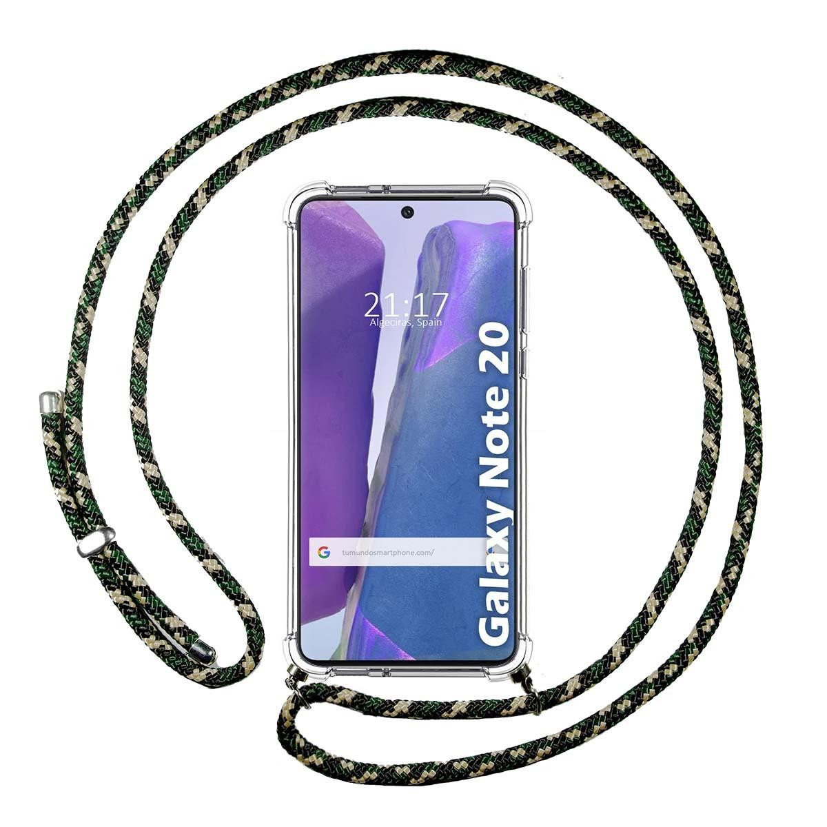 Telefono con custodia, cinturino. Il telefono mostra Galaxy Note 20, ora e sito web.