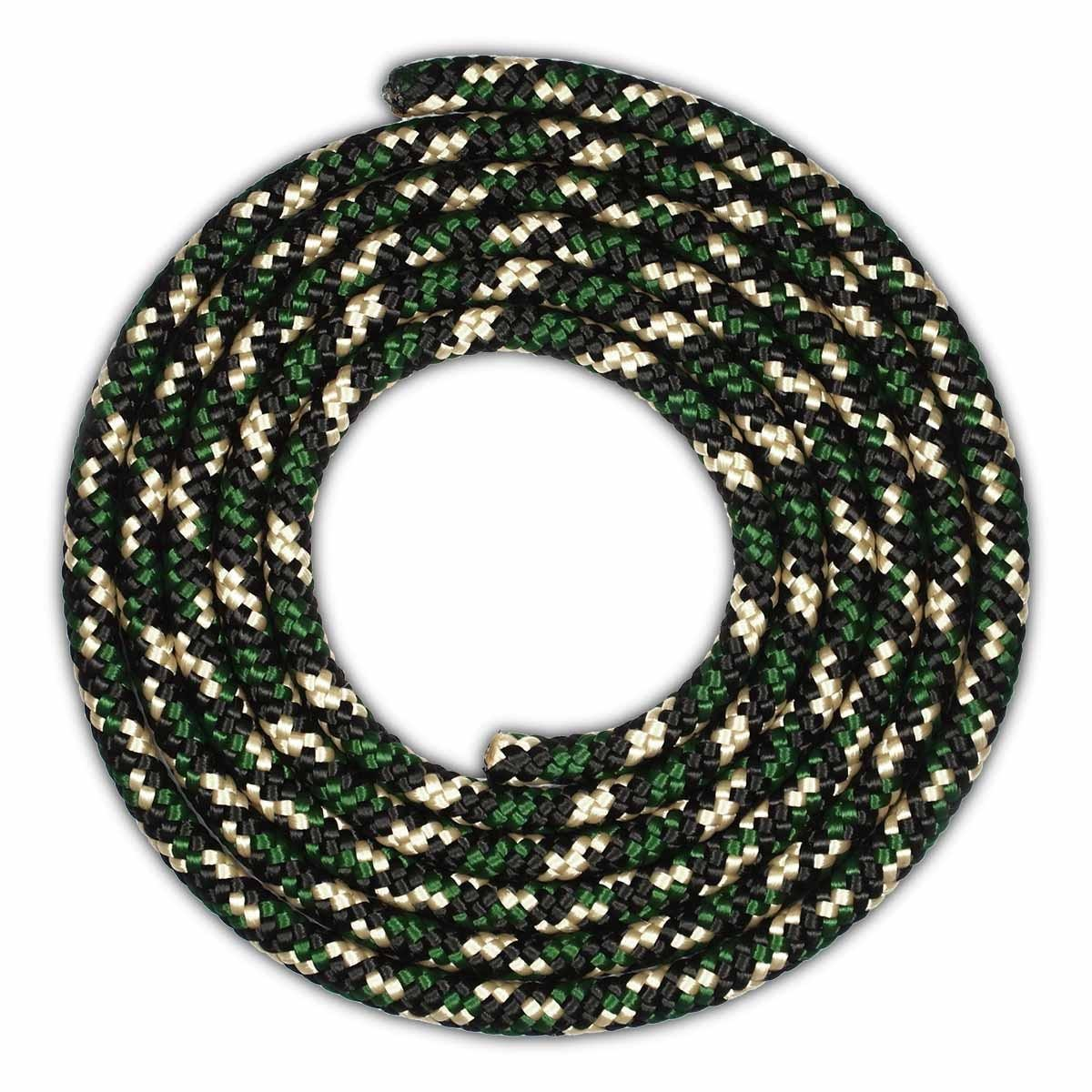 Una corda arrotolata con colori verde, nero e bianco.