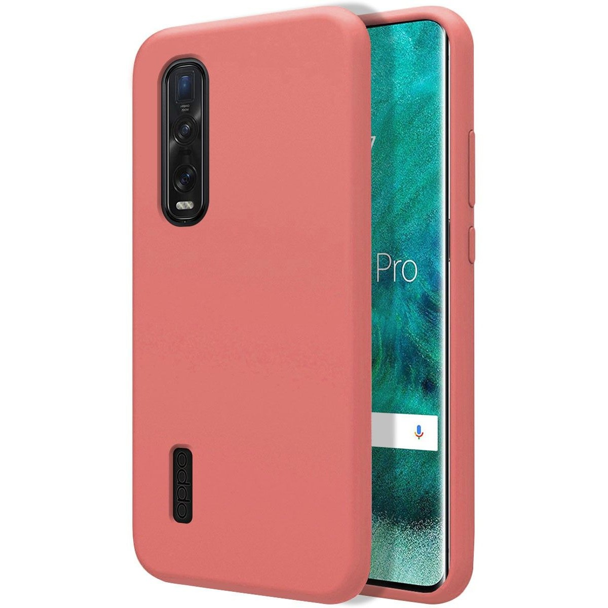 Funda de teléfono coral a la izquierda, la pantalla del teléfono muestra la hora y el logotipo Pro a la derecha.