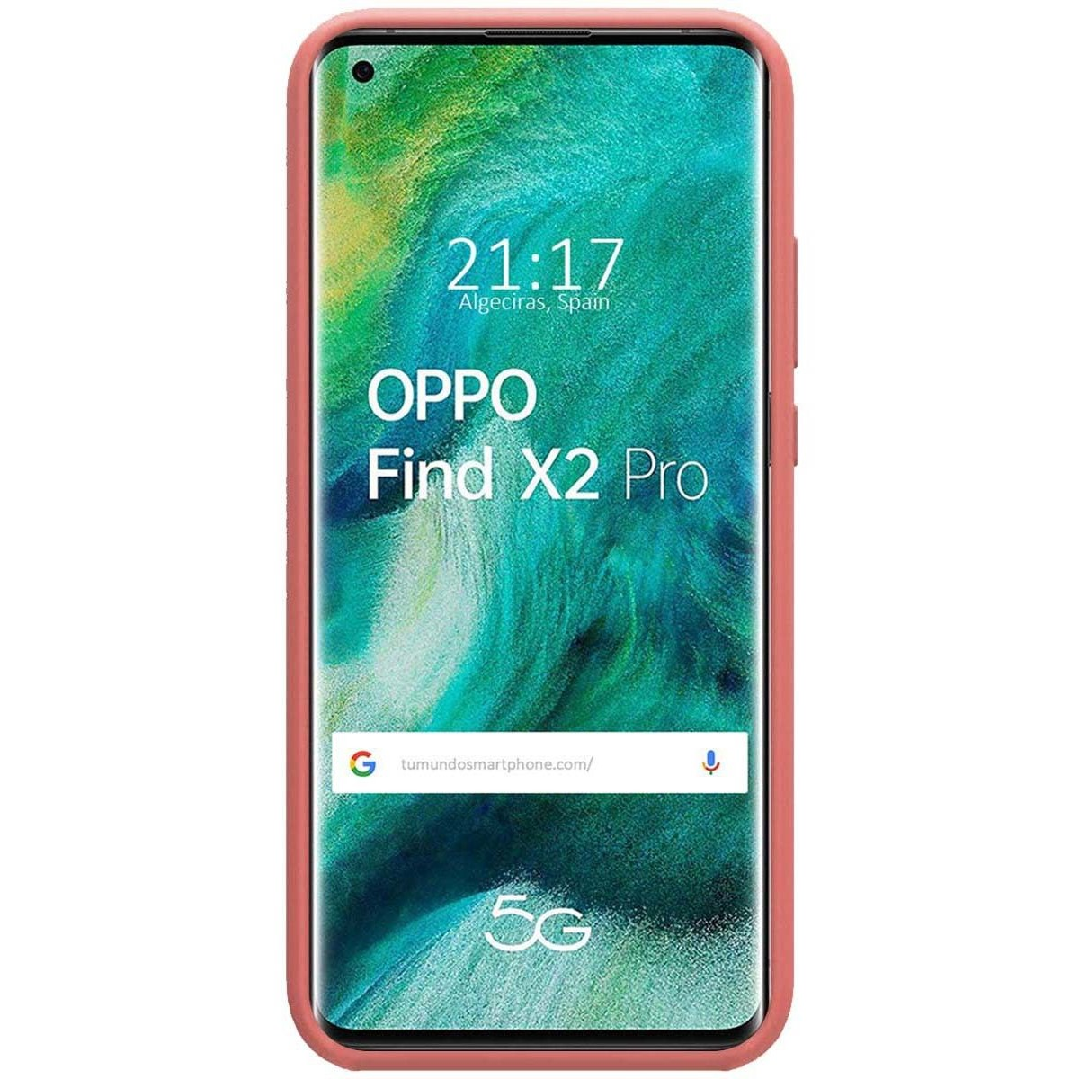 Un teléfono con una funda rosa que muestra un fondo abstracto colorido y el modelo del teléfono.