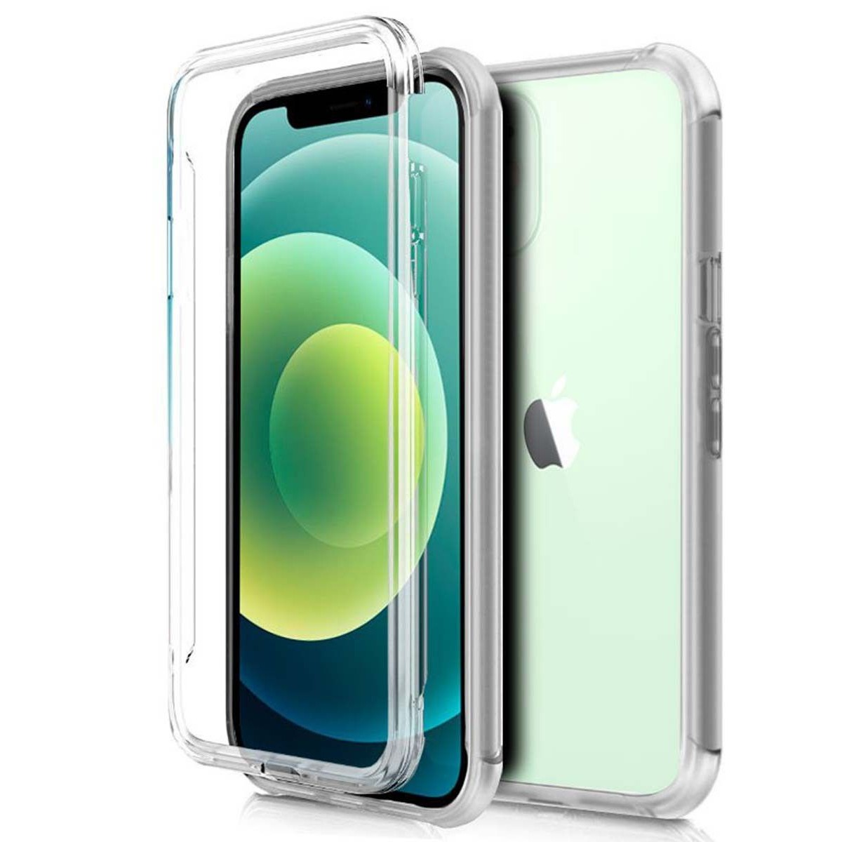 Custodia trasparente con telefono verde. Il telefono ha il logo Apple.