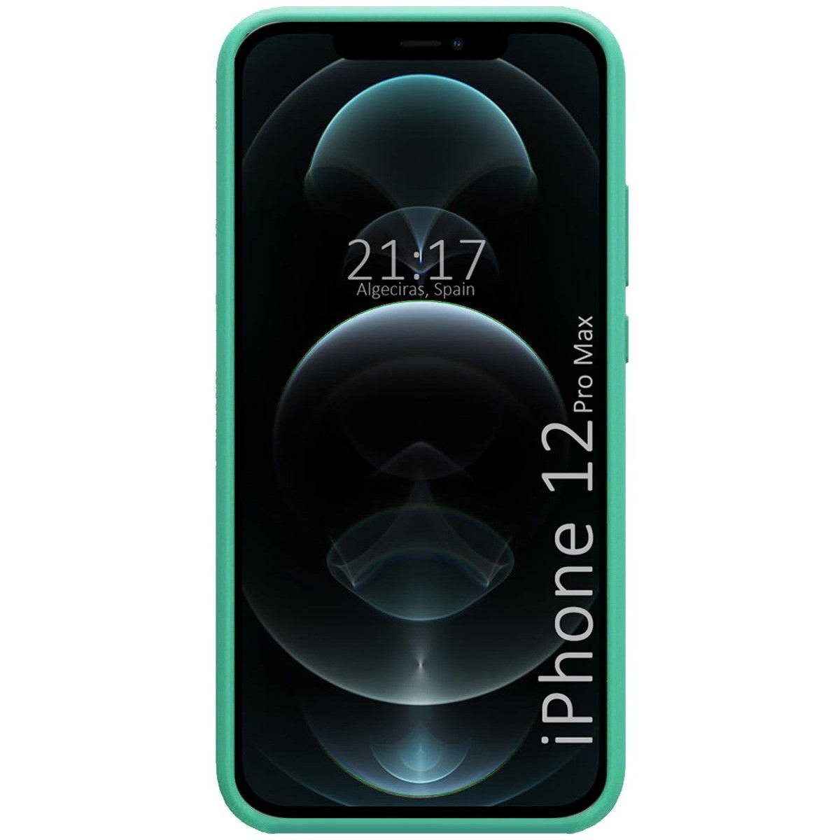 Telefono iPhone 12 Pro Max in custodia verde, mostra l'ora e la città.