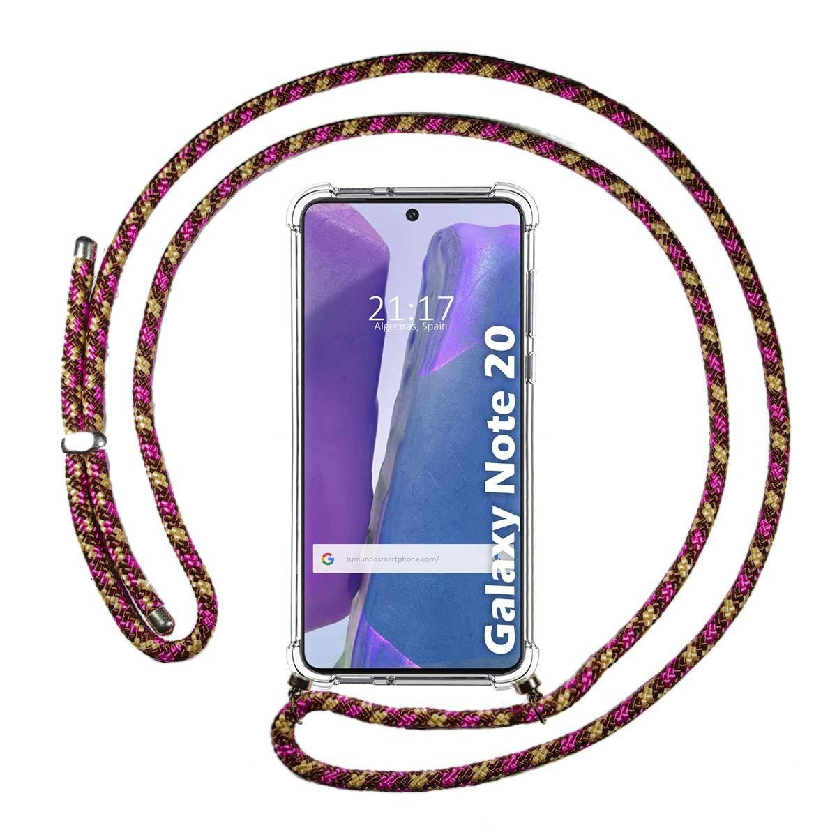 Cover con corda rosa e oro. Il telefono mostra l'ora e un sito web.