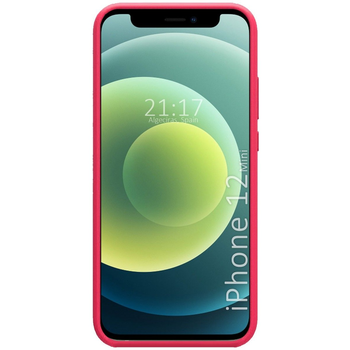 iPhone 12 mini rosa. La pantalla muestra la hora y tiene un fondo color turquesa.