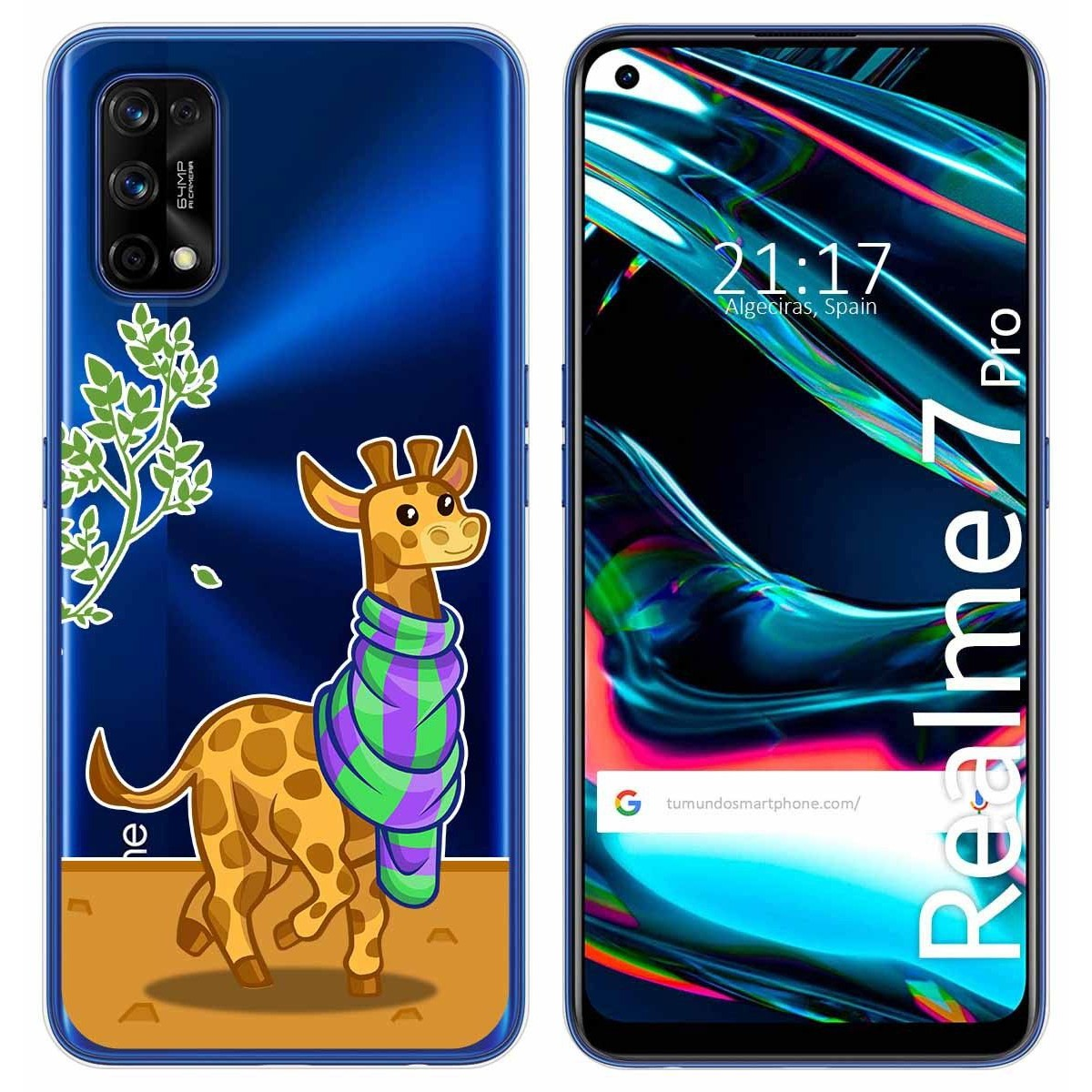Teléfono con una jirafa con bufanda. Pantalla muestra vista ciudad y el modelo del teléfono.