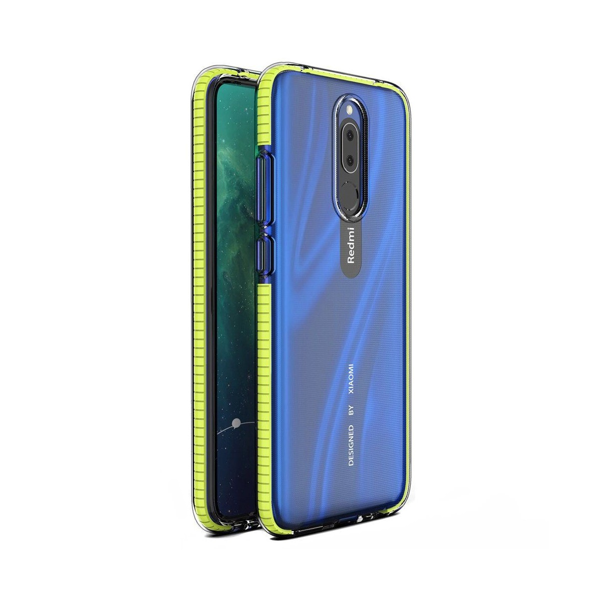 Telefono Redmi in una custodia blu con bordo giallo. Telefono su sfondo bianco.