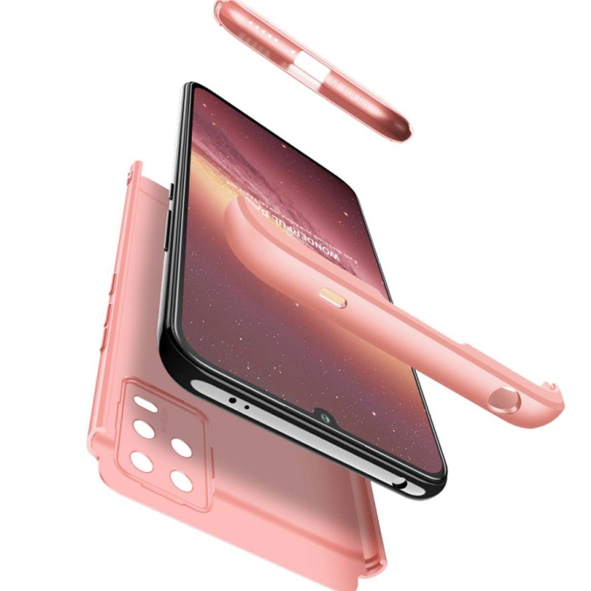 Componentes de la funda del teléfono rosa, separados, que muestran partes de la funda del teléfono.