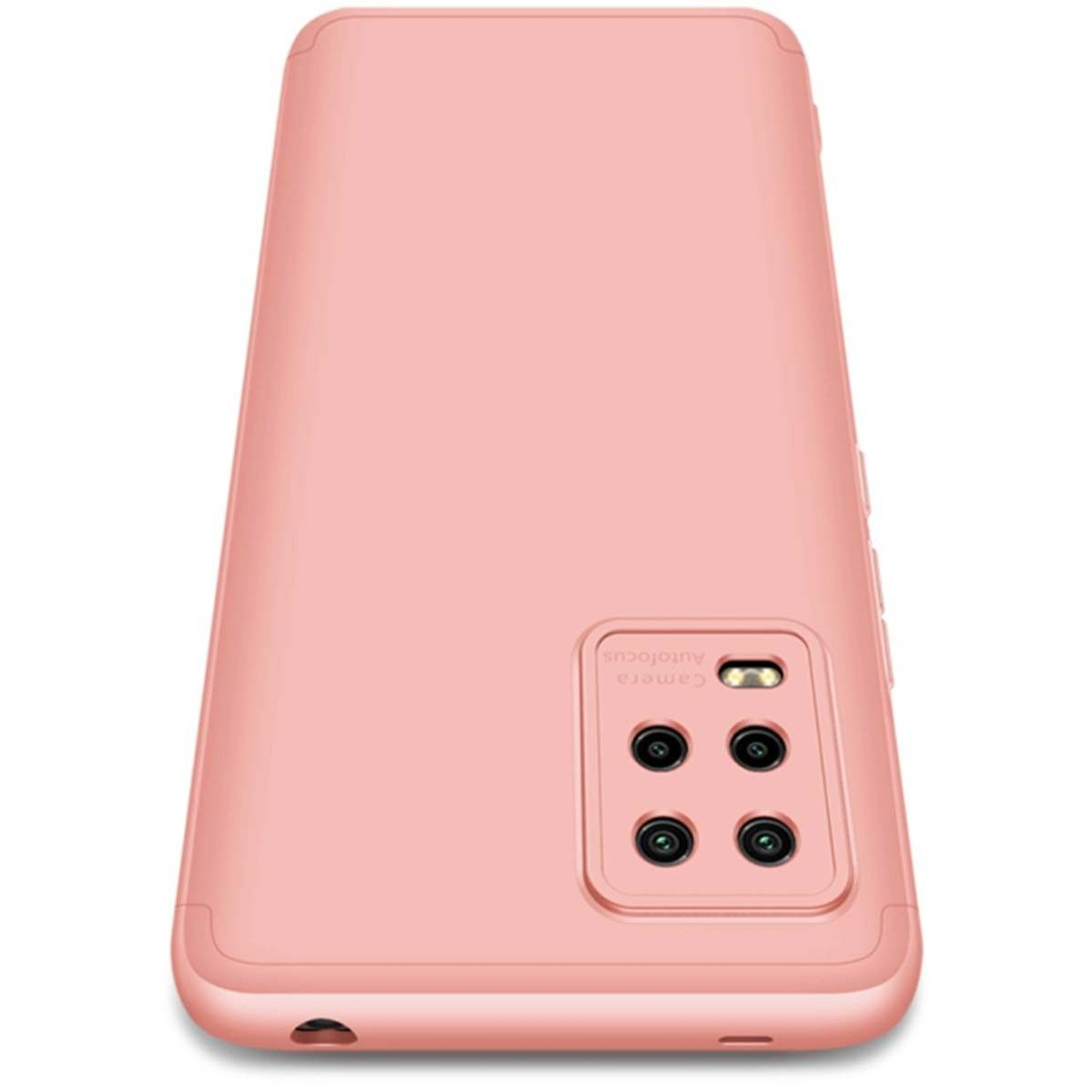 Funda rosa con un módulo de cámara. La funda tiene una superficie lisa y un recorte para la cámara.