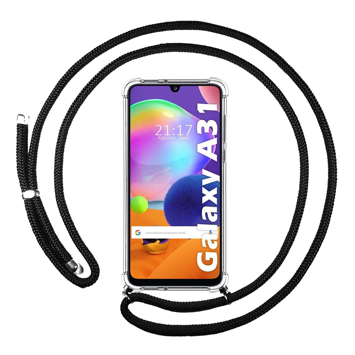 Una custodia per telefono nera con un cordino. Lo schermo del telefono mostra l'ora e un indirizzo web. Il telefono è un Galaxy A31.