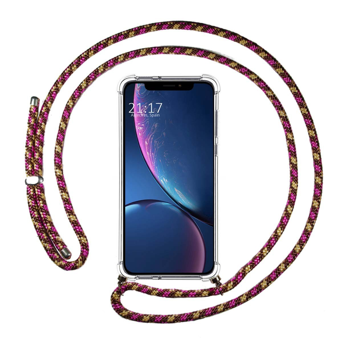 Telefono con corda rosa e oro. Lo schermo mostra un riflesso di luce.