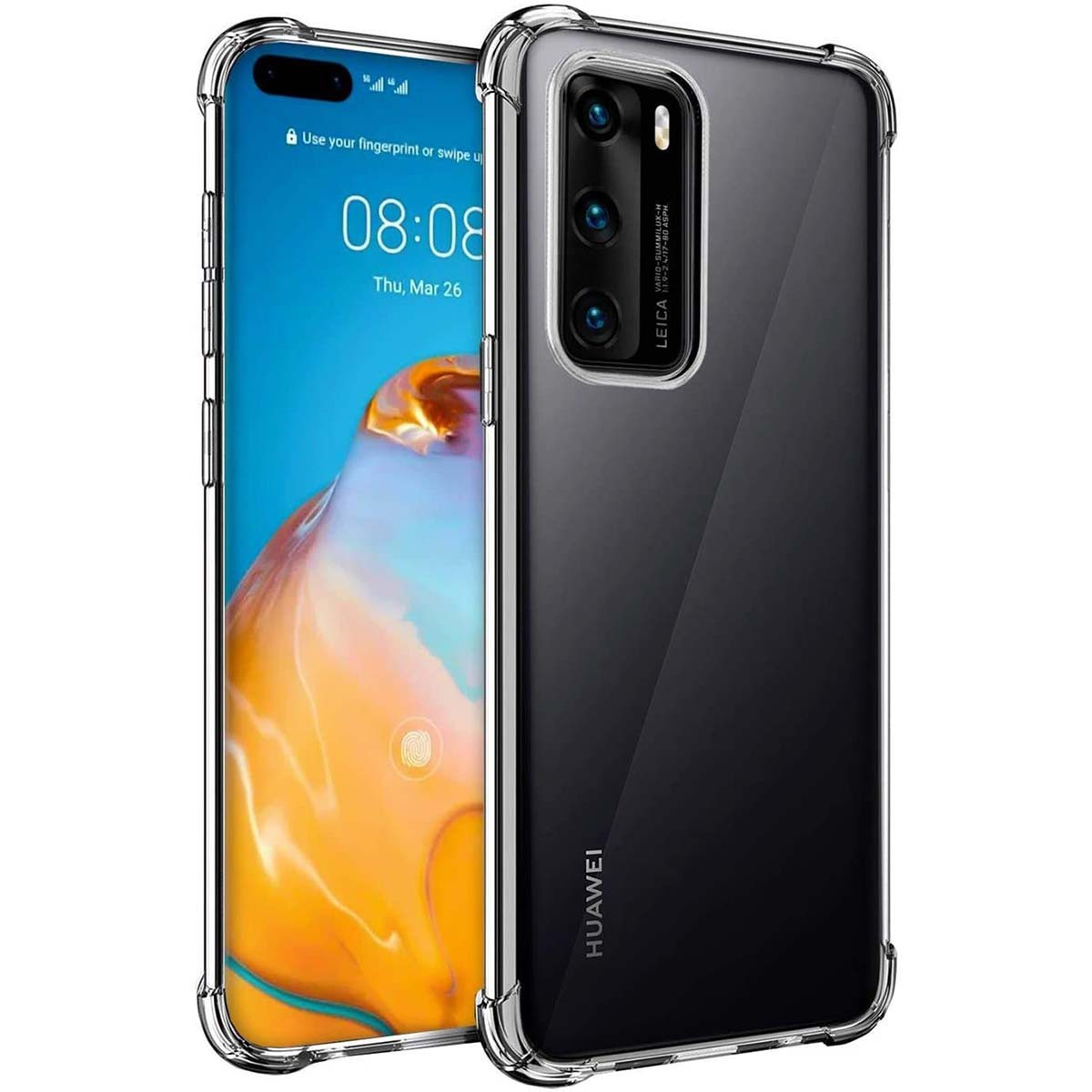 Teléfono en una funda transparente. Teléfono mostrando la pantalla.