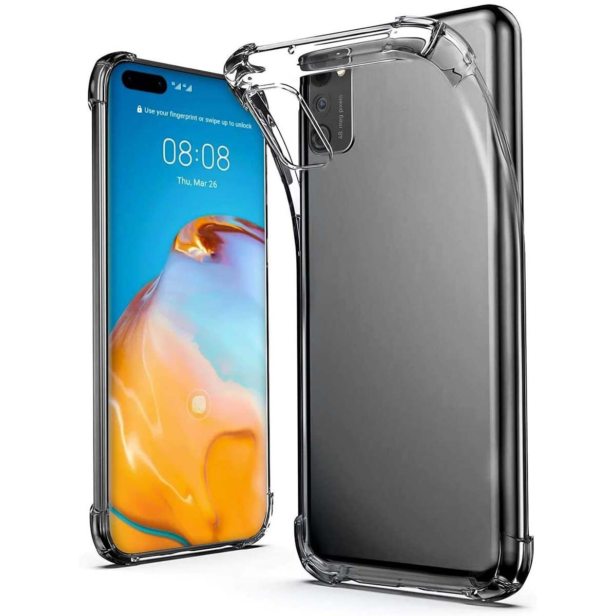 Dos teléfonos. Uno con funda, otro sin ella. El teléfono muestra la hora y la pantalla de bloqueo.