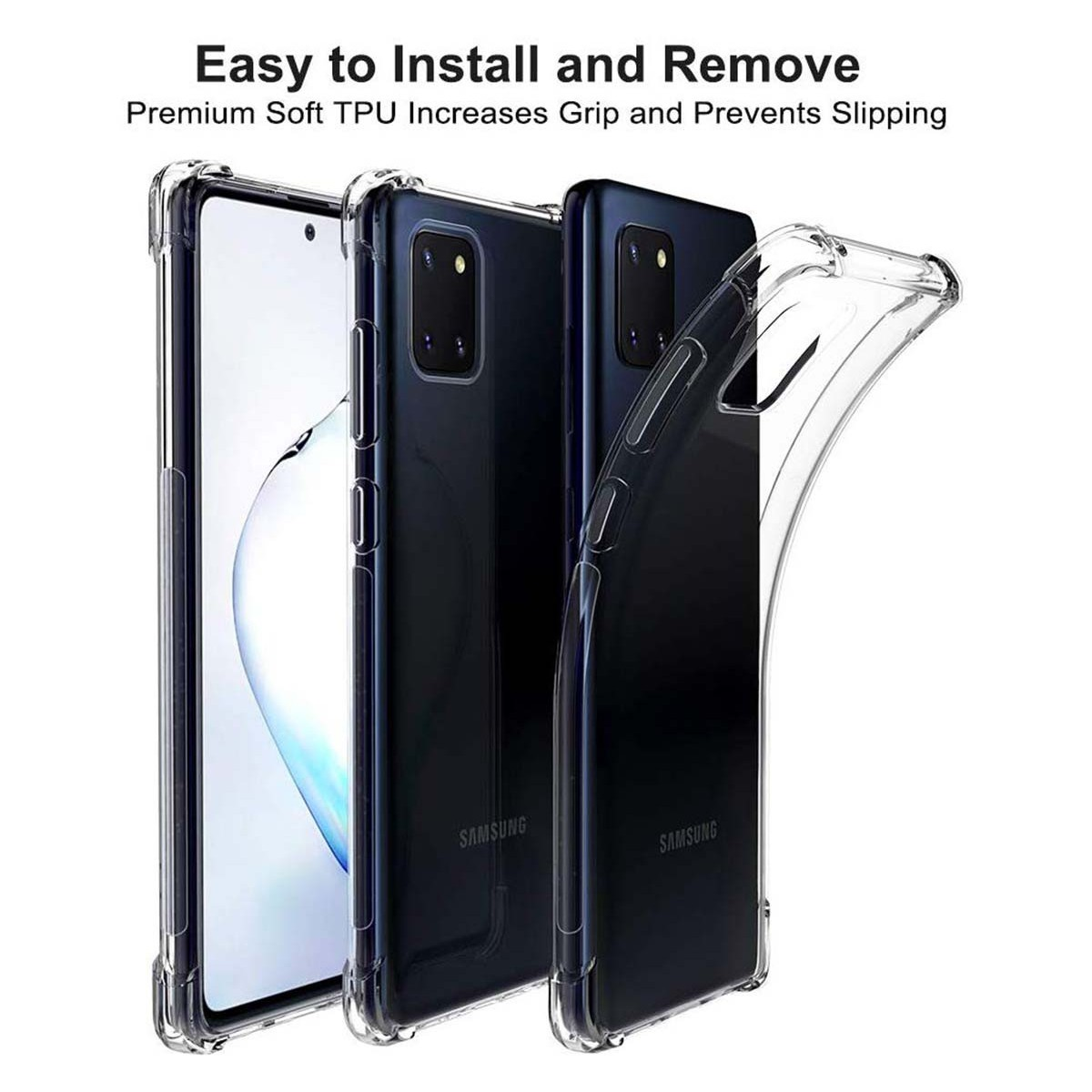 Tre telefoni in custodie trasparenti. Il testo dice che le custodie sono facili da installare e prevengono lo scivolamento.