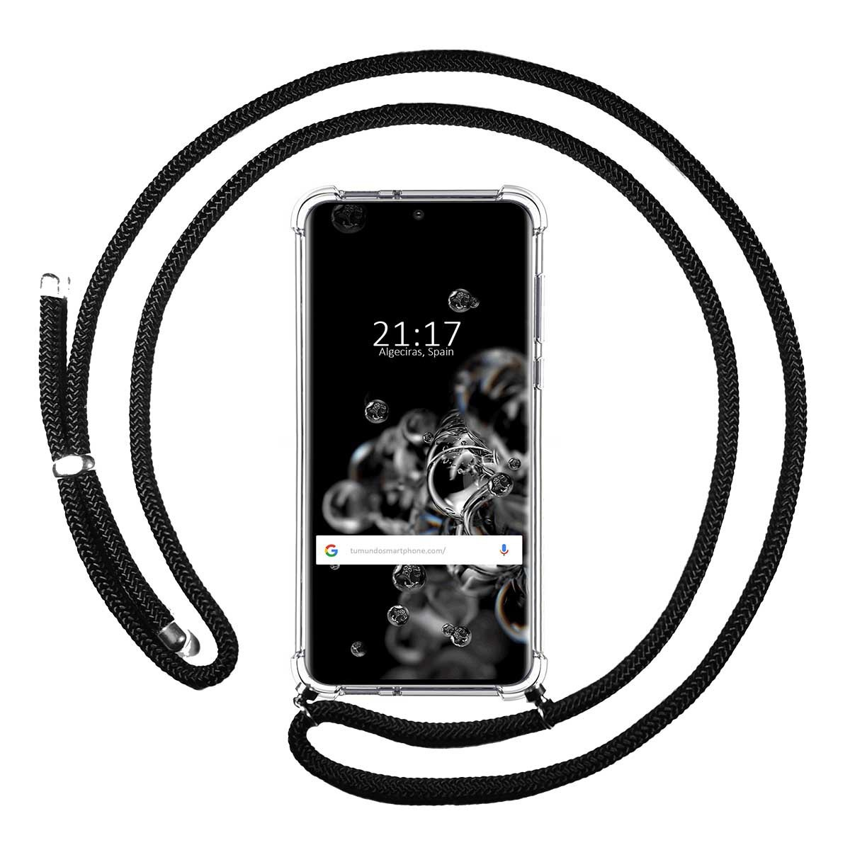 Custodia per telefono con un telefono e una corda nera intorno.